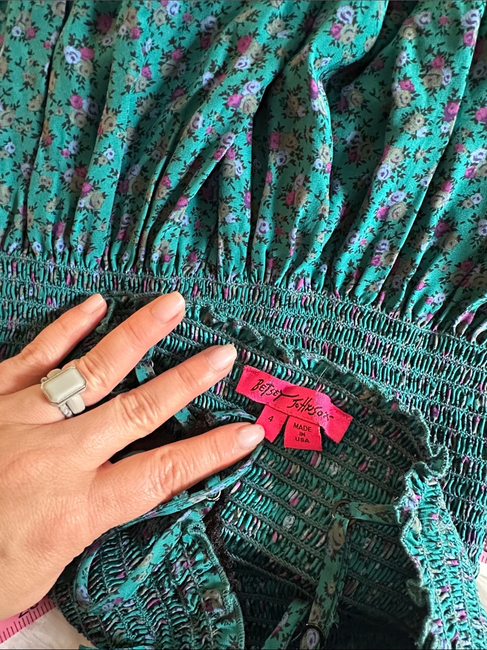 Vintage Y2K Betsey Johnson Teal Floral High-Low Milkmaid Dress with Lace Trim 4 - Picture 9 of 11